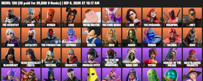 Fortnite account inventory for LVL 3000 - The Scientist - Ronin - 199 Outfits