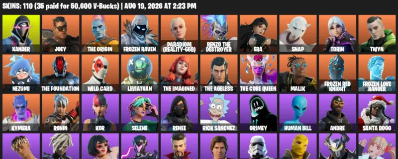 Fortnite account inventory for LVL 1203 - Xander - Joey - 110 Outfits