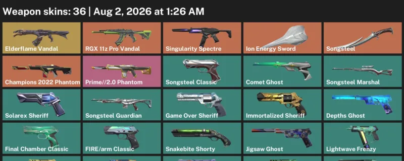 Valorant account inventory for LVL 264 · Champions 2022 Phantom & Ion Energy Sword