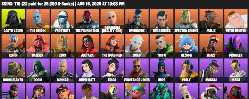 Fortnite account inventory for LVL 3102 - Darth Vader - The Origin - 119 Outfits