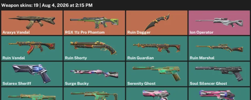 Valorant account inventory for LVL 95 · RGX 11z Pro Phantom & Araxys Vandal