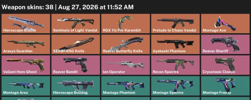 Valorant account inventory for LVL 96 · RGX 11z Pro Karambit & 38 Skins Reaver Butterfly Knife