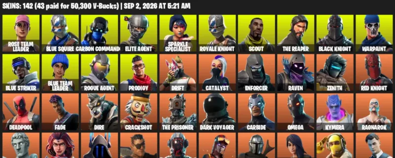 Fortnite account inventory for LVL 1964 - Rose Team Leader - Blue Squire - 142 Outfits