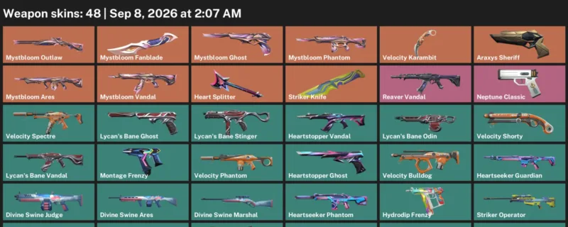 Valorant account inventory for LVL 105 · Striker Knife & Velocity Karambit & Araxys Sheriff