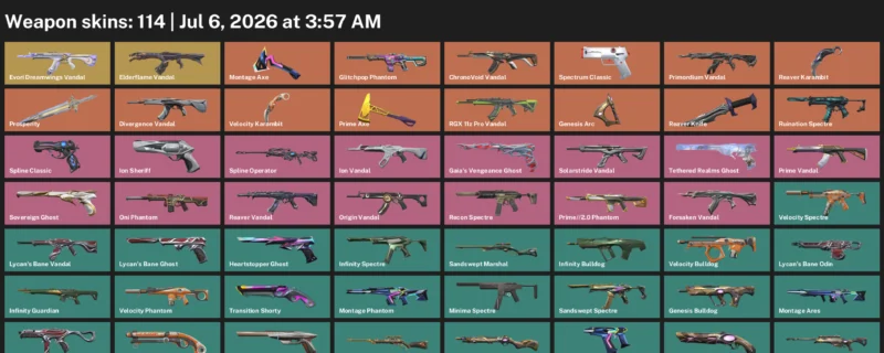 Valorant Accounts listing: LVL 175, Evori Dreamwings Vandal, Reaver Karambit + more Skins - Platinum, 114 skins