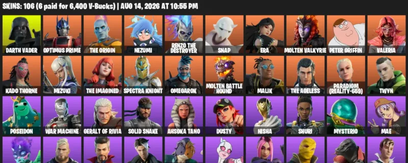 Fortnite account inventory for LVL 1549 - Darth Vader - Optimus Prime - 106 Outfits