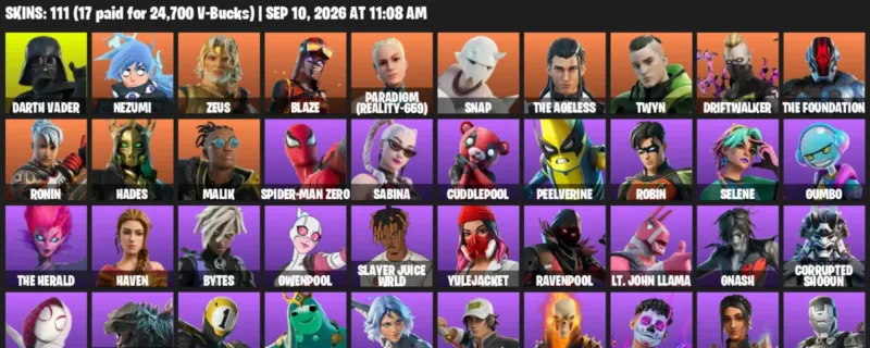 Fortnite account inventory for LVL 1464 - Darth Vader - Nezumi - 111 Outfits