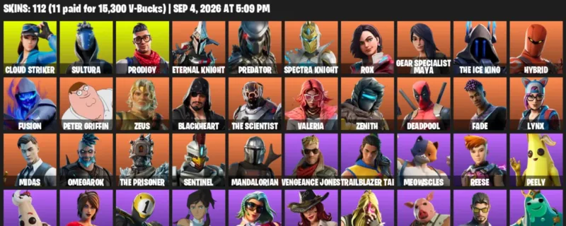 Fortnite account inventory for LVL 2504 - Cloud Striker - Sultura - 112 Outfits