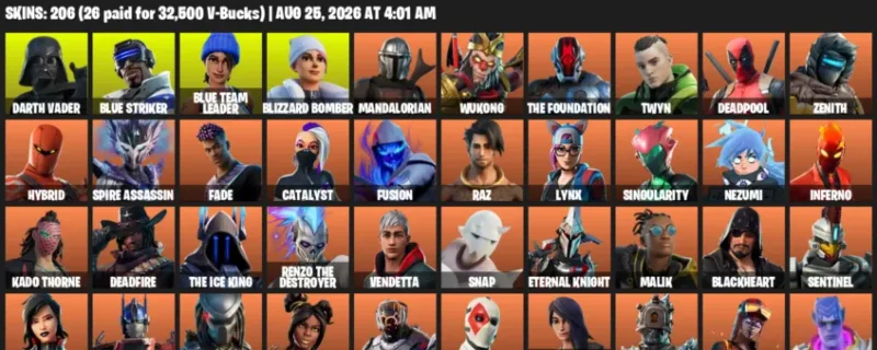 Fortnite account inventory for LVL 2869 - Darth Vader - Blue Striker - 206 Outfits