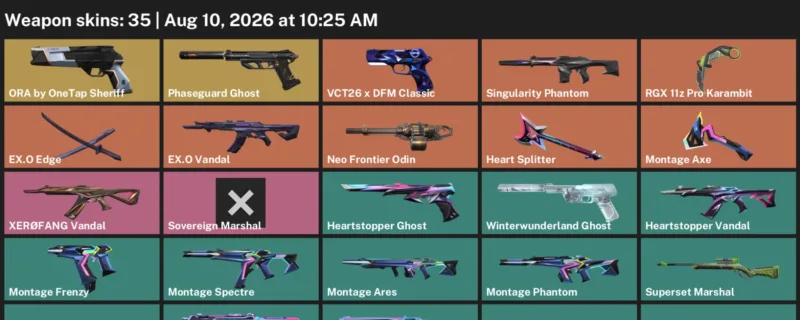 Valorant account inventory for LVL 84 · RGX 11z Pro Karambit & EX.O Vandal