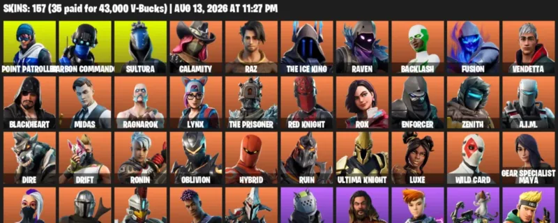 Fortnite account inventory for LVL 2895 - Point Patroller - Carbon Commando - 157 Outfits