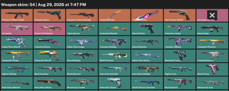 Valorant account inventory for LVL 113 · Transition Knife & 54 Skins Composite Knife