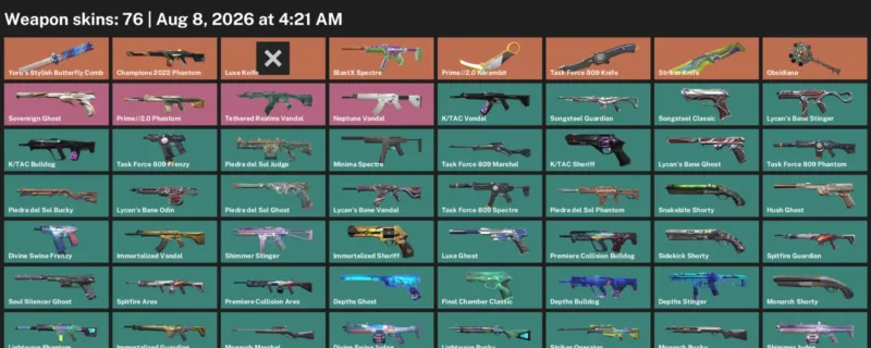 Valorant account inventory for LVL 142 · Champions 2022 Phantom & Luxe Knife & Prime