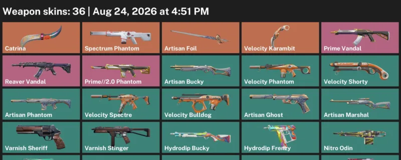 Valorant account inventory for LVL 90 · Velocity Karambit & Artisan Phantom