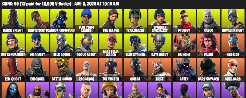 Fortnite account inventory for LVL 609 - Black Knight - Travis Scott - 50 Outfits