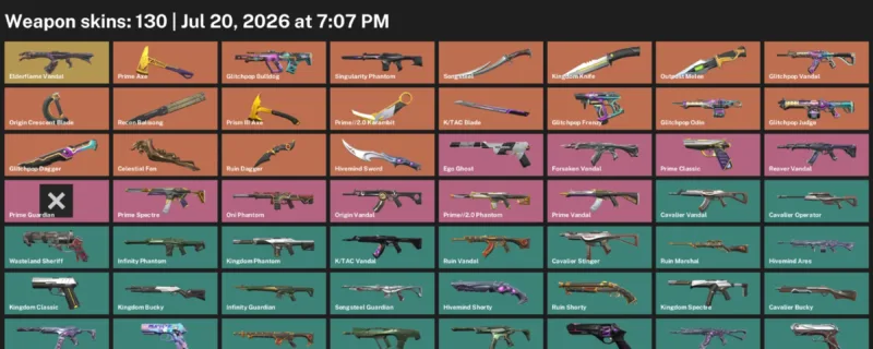 Valorant Accounts listing: LVL 222 · Celestial Fan & Glitchpop Dagger · 130 Skins - Gold 3, 130 skins