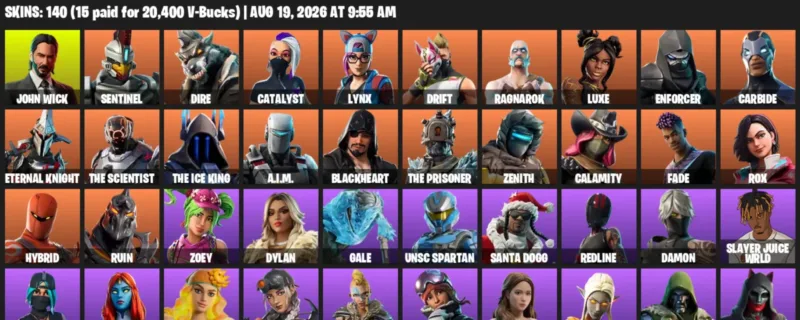 Fortnite account inventory for LVL 2557 - John Wick - Sentinel - 140 Outfits