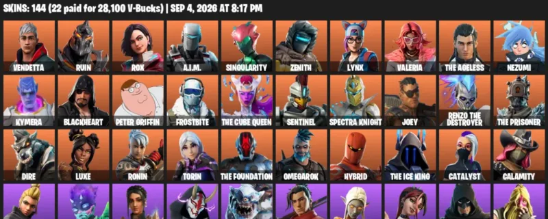 Fortnite account inventory for LVL 1891 - Vendetta - Ruin - 144 Outfits