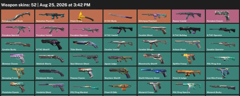 Valorant account inventory for LVL 293 · Forsaken Ritual Blade & K & 52 Skins Forsaken Ritual Blade