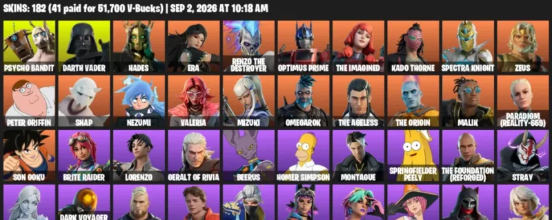 Fortnite account inventory for LVL 3086 - Psycho Bandit - Darth Vader - 182 Outfits