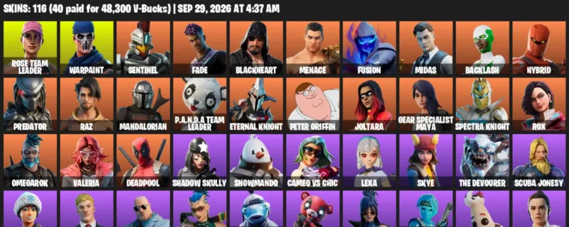 Fortnite account inventory for Rose Team Leader - Warpaint - 116 Outfits