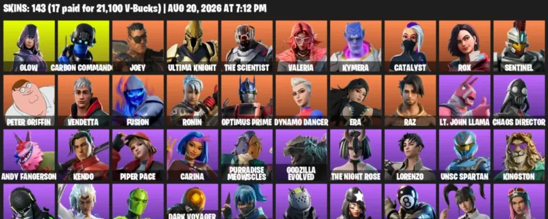 Fortnite account inventory for LVL 2428 - Glow - Carbon Commando - 143 Outfits