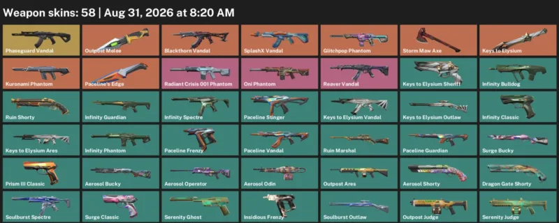 Valorant account inventory for LVL 127 · Blackthorn Vandal & Aerosol Operator