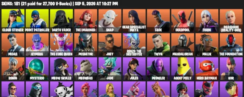 Fortnite account inventory for LVL 2220 - Cloud Striker - Point Patroller - 181 Outfits