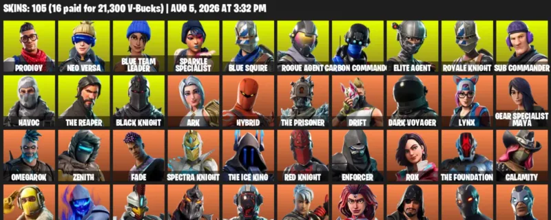 Fortnite account inventory for LVL 1150 - Prodigy - Neo Versa - 105 Outfits