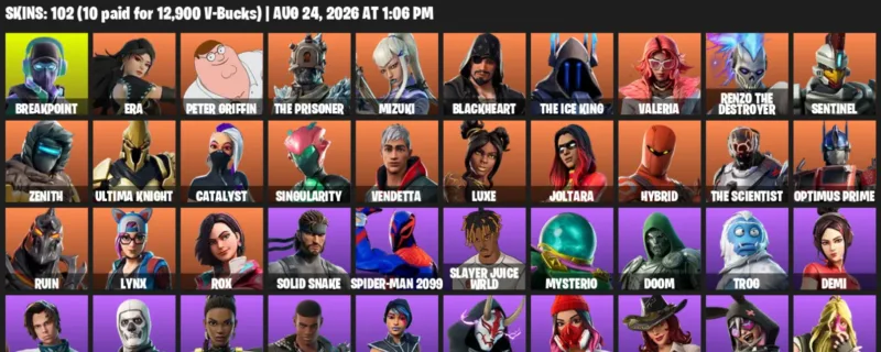 Fortnite account inventory for LVL 2427 - Breakpoint - Era - 102 Outfits