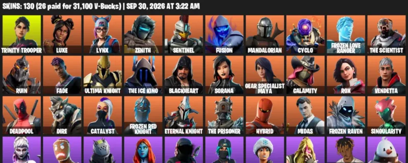 Fortnite account inventory for Trinity Trooper - Luxe - 120 Outfits