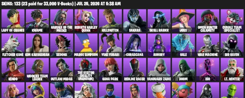 Fortnite Accounts listing: LVL 897 - Lady of Cranes - Kwame - 133 Outfits - 133 outfits