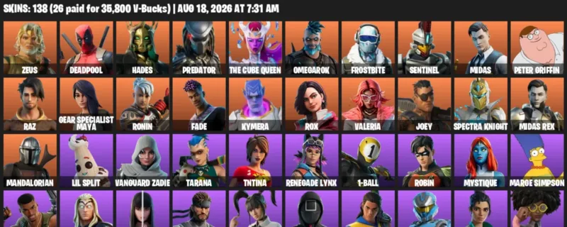Fortnite account inventory for LVL 1710 - Zeus - Deadpool - 138 Outfits