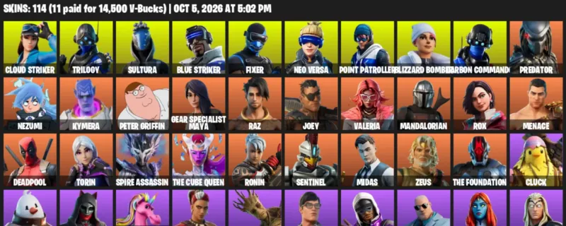 Fortnite account inventory for Cloud Striker - Trilogy - 114 Outfits