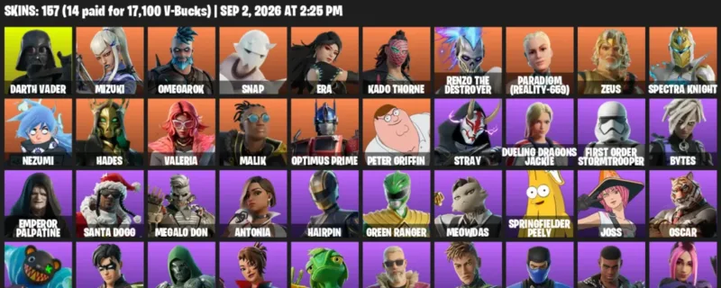 Fortnite account inventory for LVL 3226 - Darth Vader - Mizuki - 157 Outfits