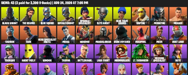 Fortnite account inventory for LVL 1001 - Black Knight - The Reaper - 43 Outfits