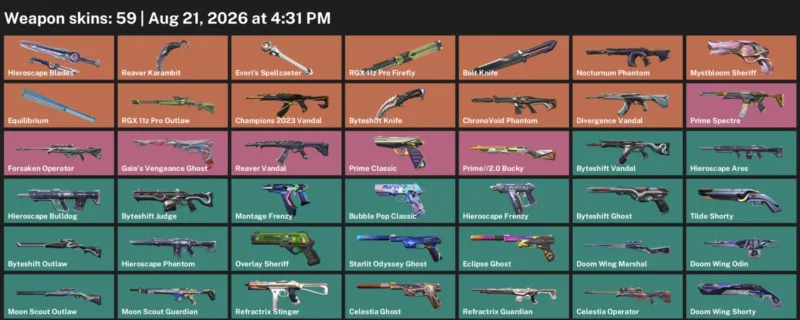 Valorant account inventory for LVL 345 · Reaver Karambit & Byteshift Knife