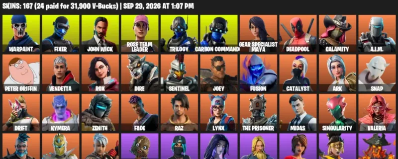 Fortnite account inventory for Warpaint - Fixer - 120 Outfits