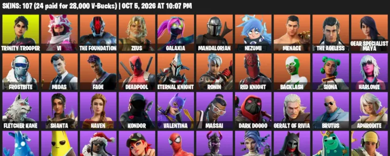 Fortnite account inventory for Trinity Trooper - Vi - 107 Outfits
