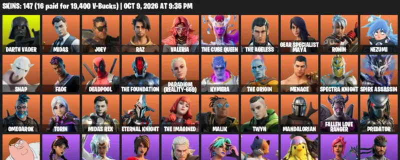 Fortnite account inventory for Darth Vader - Midas - 120 Outfits