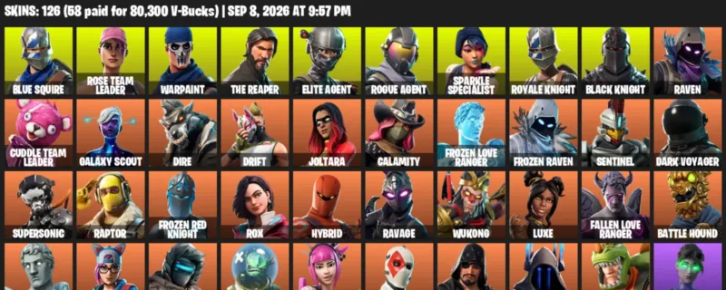 Fortnite account inventory for LVL 1195 - Blue Squire - Rose Team Leader - 126 Outfits
