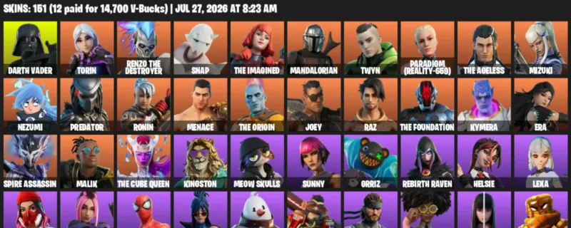 Fortnite Accounts listing: LVL 2031 - Darth Vader - Torin - 151 Outfits - 151 outfits