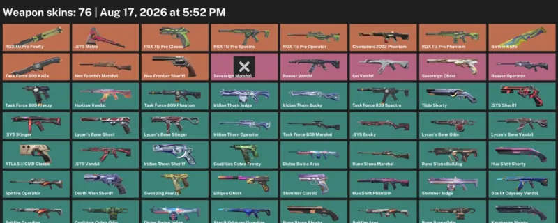 Valorant account inventory for LVL 228 · Striker Knife & Task Force 809 Knife