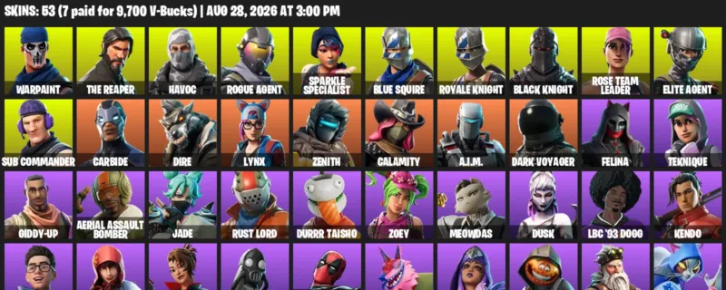 Fortnite account inventory for LVL 407 - Warpaint - The Reaper - 53 Outfits