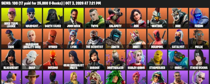 Fortnite account inventory for Rose Team Leader - Warpaint - 100 Outfits