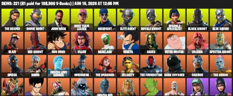 Fortnite account inventory for LVL 1520 - The Reaper - Rogue Agent - 221 Outfits