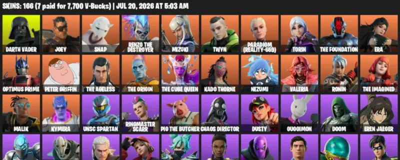 Fortnite Accounts listing: LVL 2699 - Darth Vader - Joey - 166 Outfits - 166 outfits