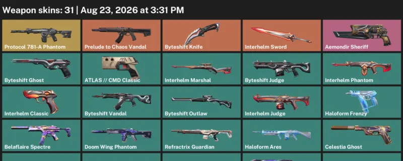 Valorant account inventory for LVL 100 · 31 Skins Byteshift Knife & Byteshift Knife & Interhelm Sword