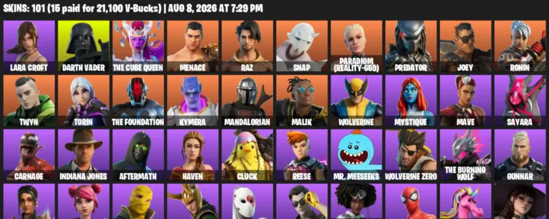 Fortnite account inventory for LVL 1304 - Lara Croft - Darth Vader - 101 Outfits