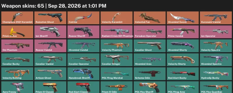Valorant account inventory for LVL 209 · Champions 2021 Karambit & Velocity Karambit